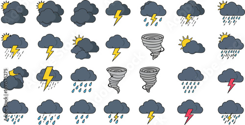 This collection showcases a diverse set of weather forecast icons, illustrating conditions from sunny intervals to severe storms, including rain, lightning, and tornadoes.