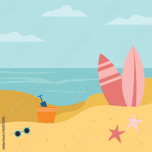 Beach scene with surfboards and toys.