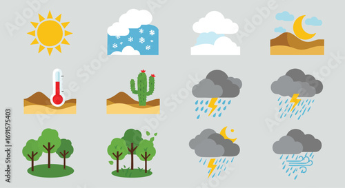 This vector illustration showcases a comprehensive collection of diverse weather and environmental conditions, perfect for forecasting and climate-related design projects.