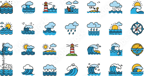 A comprehensive set of colorful vector icons depicting various weather conditions, ocean waves, and marine navigation elements for diverse digital projects.