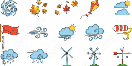 A colorful vector illustration presents essential wind and weather icons: turbines, kites, flags, clouds, autumn leaves, great for climate graphics.