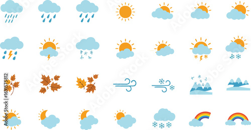 A vibrant collection of flat vector icons showcasing diverse weather conditions, seasonal elements, and atmospheric phenomena in a modern, clean style.
