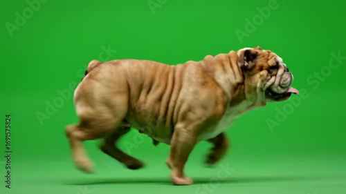 English bulldog running  on green screen showing characteristic waddle movement