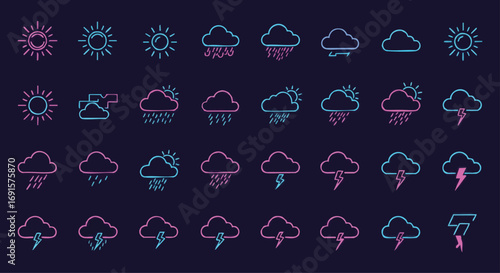 A vibrant collection of neon-style weather icons, illustrating diverse atmospheric conditions like sun, clouds, rain, and thunderstorms, ideal for digital applications.