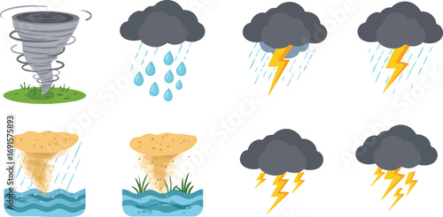 A clear illustration of severe weather conditions, featuring tornadoes, waterspouts, dust devils, and stormy clouds with rain and lightning.