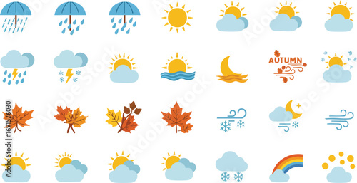 A vibrant collection of flat design icons illustrating diverse weather conditions and seasonal elements, featuring sun, rain, clouds, wind, snow, and autumn leaves.