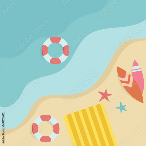 Summery beach scene with surfboards and sea objects.