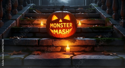 Glowing halloween pumpkin with monster mash text on stone steps with candles at night creates a spooky atmosphere