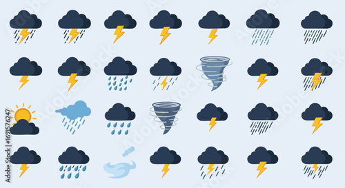 A vibrant set of meteorological icons depicting various weather phenomena such as thunderstorms, rain, snow, and tornadoes, perfect for graphic design.