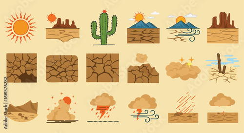 Illustrative flat vector icons depicting the severe environmental challenges of desertification, drought, and extreme weather in arid regions.