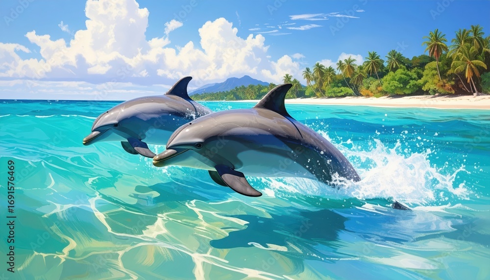 Obraz premium Two dolphins leap playfully in vibrant turquoise waters near a tropical beach.