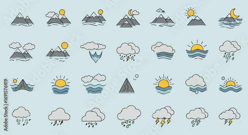 An appealing collection of hand-drawn weather and nature icons, depicting mountains, sun, moon, clouds, rain, and lightning, suitable for diverse digital design.