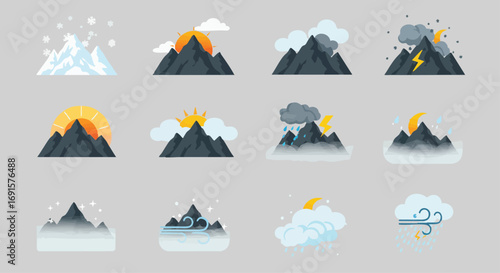 A comprehensive set of flat design vector illustrations depicting various mountain landscapes and their diverse weather conditions, ideal for environmental projects.