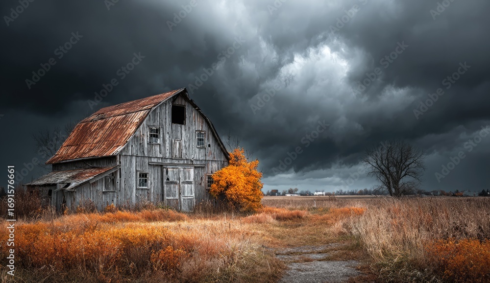 Fototapeta premium Abandoned barn under stormy sky, autumnal hues