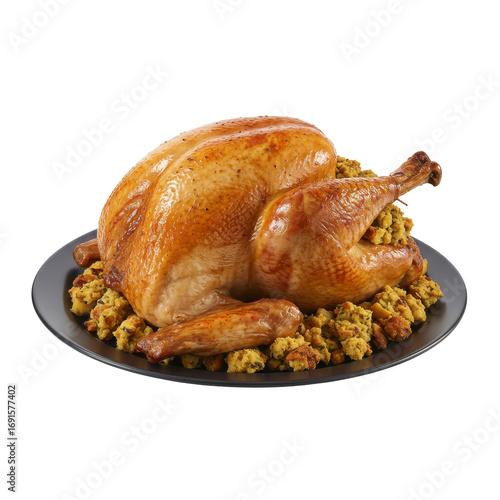Roasted thanksgiving turkey with savory stuffing on dark plate isolated on white background