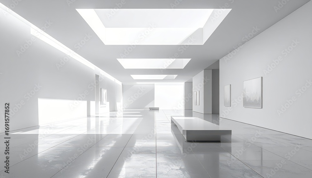 Fototapeta premium A spacious, minimalist gallery hall bathed in natural light showcases clean lines and modern architectural design.