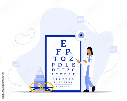 Eye test concept illustration. Suitable for landing page, ui, web, App intro card, editorial, flyer, and banner.