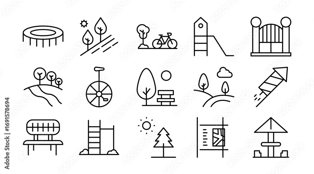 Naklejka premium Recreation and park linear icon set. Nature, trees, benches, playground, greenery, walking, picnic, outdoor, leisure, environment, vector outline icon pack
