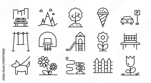 Park and nature linear icon set. Park, trees, benches, playground, outdoor, picnic, walking, recreation, environment, leisure, vector thin outline UI icons pack.