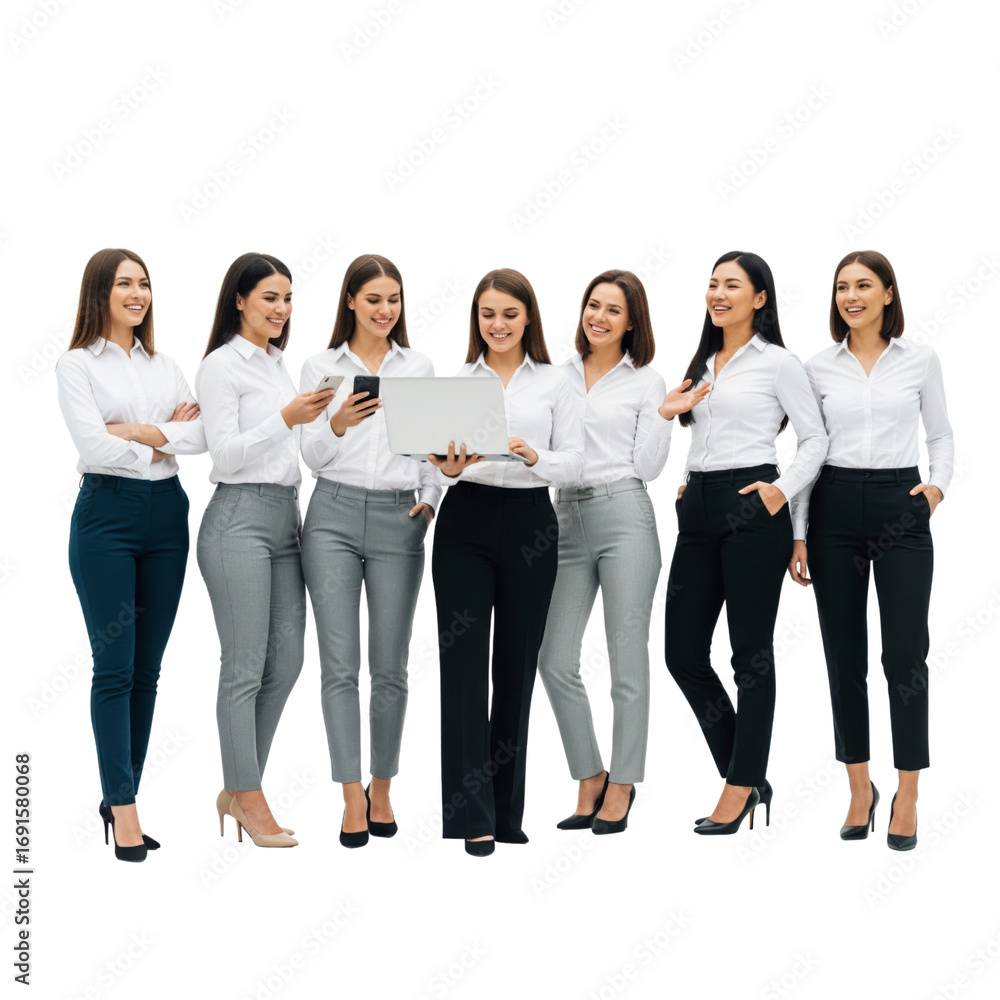 Obraz premium A diverse group of seven business women, all smiling and dressed in modern business isolated on white background