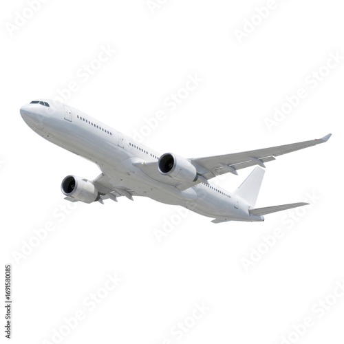 A passenger airplane, in a dynamic flight pose, isolated on a white background