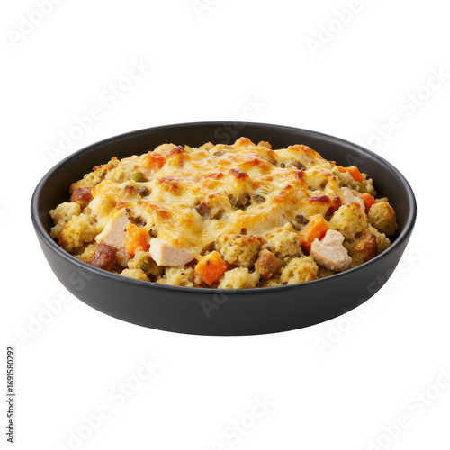 Cheesy turkey and stuffing casserole in a black bowl isolated on white background