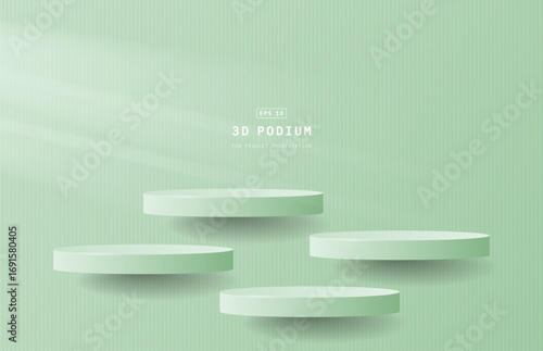 Realistic luxury green 3d cylinder podium pedestal hanging floating on vertical wall. Minimal wall scene for cosmetic mockup. 3d stage for showcase. Vector geometric platform. 3d vector rendering.
