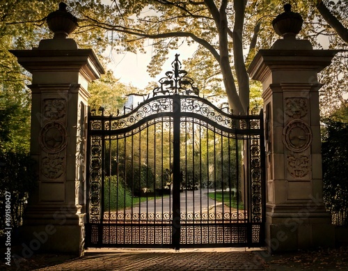 Ornate black iron gate entrance to a mysterious estate 