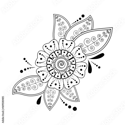 Mehndi flower pattern for Henna drawing and tattoo. Decoration in ethnic oriental  Indian style. Doodle ornament. Outline hand draw vector illustration.