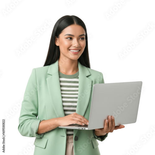 a smiling young businesswoman with long dark hair, wearing a stylish light green blazer over a striped top, holding a silver laptop, looking confidently to the side, isolated on a white background