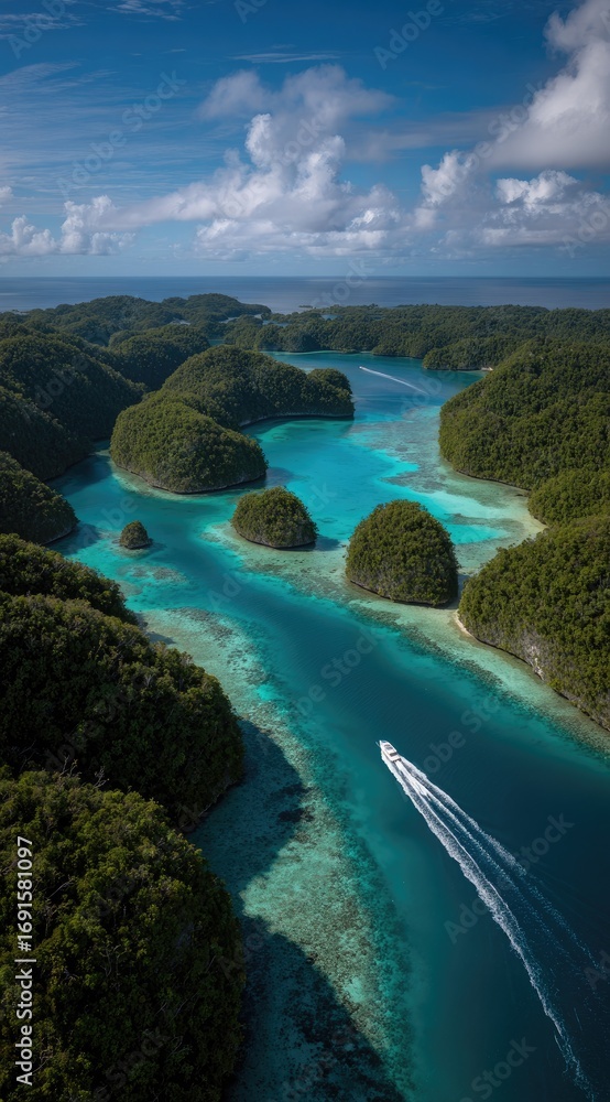 Fototapeta premium Aerial view of verdant islands in turquoise water, with a boat leaving a white wake. Sunlight illuminates the scene beneath a blue sky with fluffy clouds