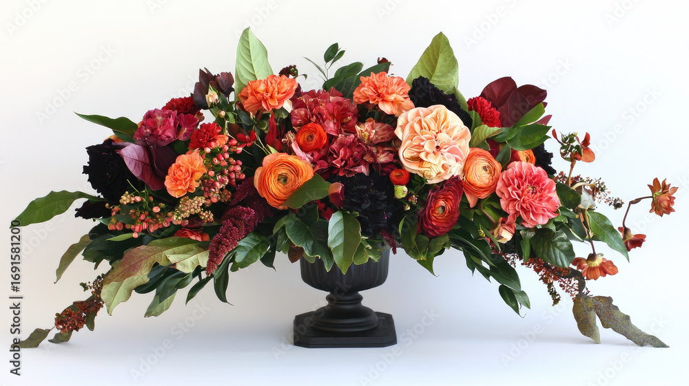 Obraz premium Autumn floral arrangement with vibrant orange and red flowers and lush green leaves in black vase, bright and elegant