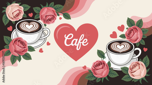 Cafe Latte Art Roses Illustration Banner Background Coffee Shop Design