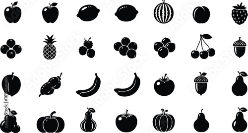 Fresh vibrant fruit icons offer healthy eating inspiration for modern design and culinary projects