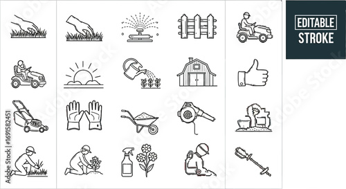 Gardening icons show lawn care, planting, and yard maintenance tasks for a beautiful outdoor space