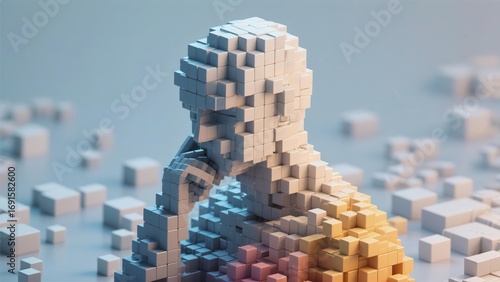 Abstract Voxel Art Human Figure in Thoughtful Pose 3D Render Digital Art Illustration Cube Design