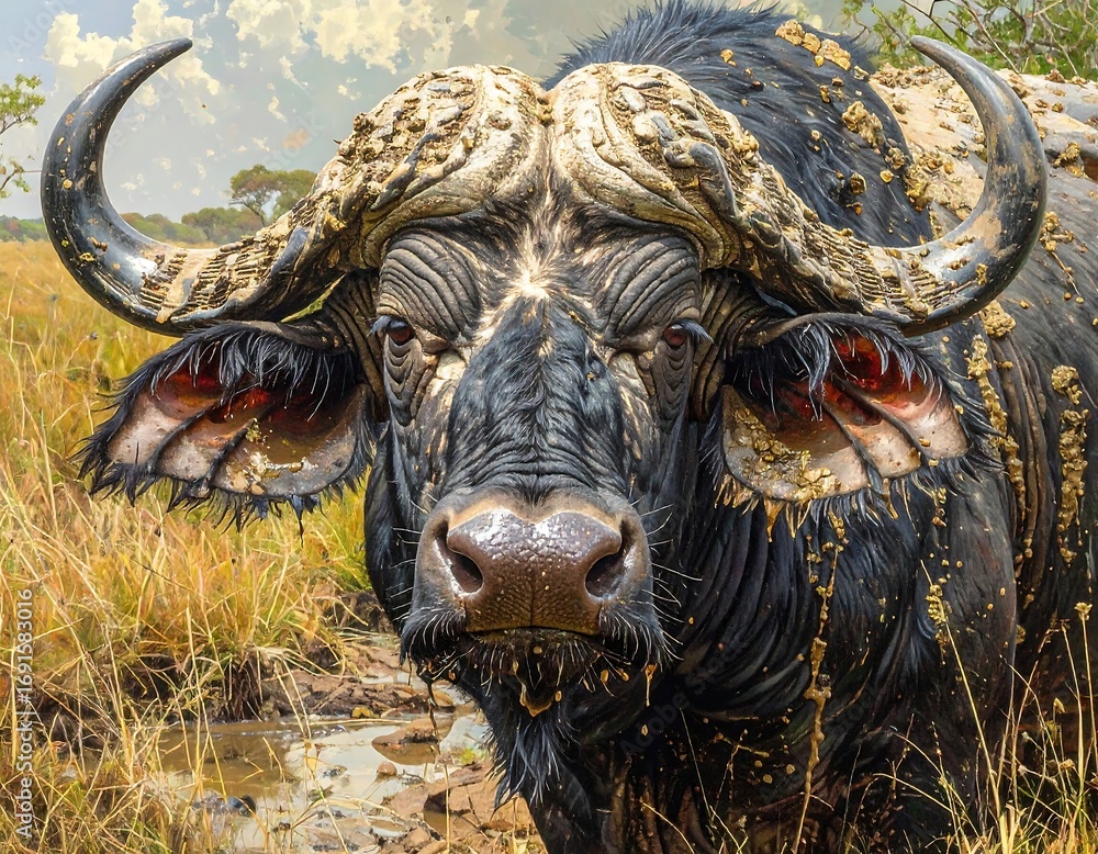 Naklejka premium Close-up of a mud-covered buffalo