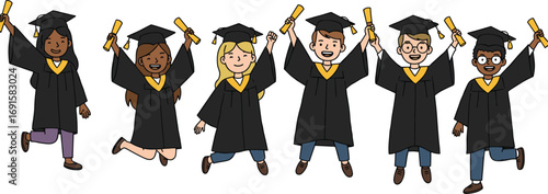 Diverse Graduates Celebrating with Diplomas Wearing Graduation Caps and Gowns Jumping Happily in Vector Illustration Design