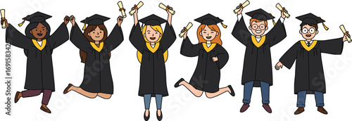 Diverse group of happy graduates celebrating with diplomas, wearing caps and gowns, jumping with joy, success, achievement, education vector illustration.