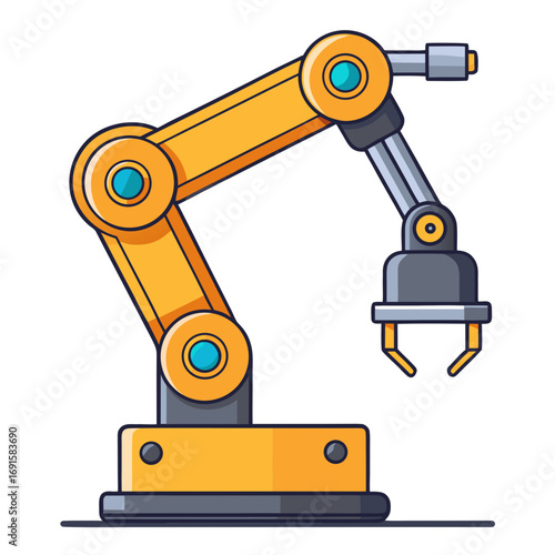 industrial robotic arm with multiple joints and a gripper end-effector, mounted on a rectangular base platform.