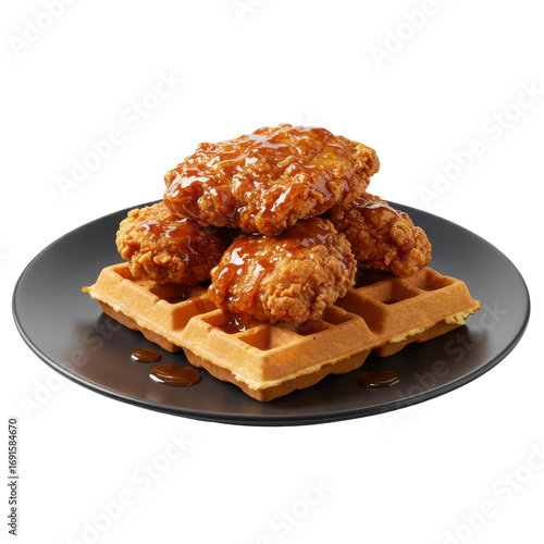 Crispy fried chicken stacked on a buttery waffle isolated on white background
