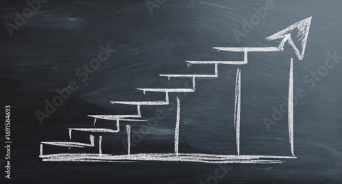 White chalk staircase drawing with upward arrow on a dark chalkboard background. The drawing has a slightly rough, hand-drawn aesthetic