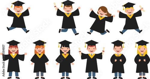 Excited cartoon kids in graduation caps and gowns jumping and smiling, holding diplomas, celebrating school achievement, vector education illustration