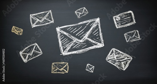 Hand-drawn envelopes, some white and some gold, scattered on a textured dark grey-green background, like chalk art on a blackboard