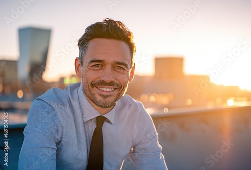 A smiling, middle-aged man in a shirt and tie stands against a city skyline backdrop, bathed in the warm light of a setting sun
