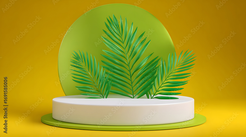 Fototapeta premium Green background podium with palm leaves display