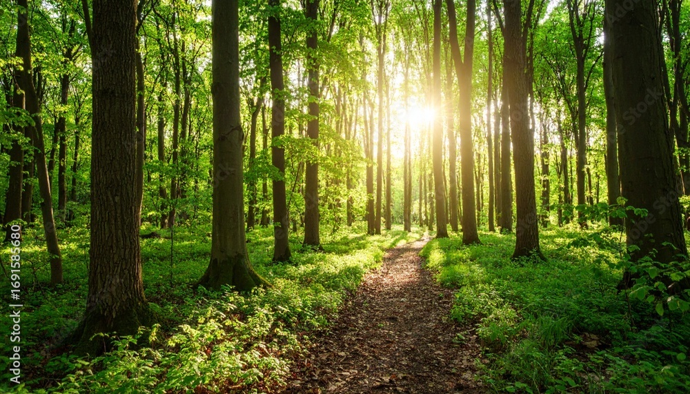 Fototapeta premium Sunlit Forest Path at Dawn Magical Nature Scene
