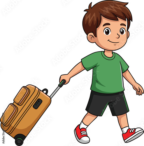 Happy cartoon boy walking with suitcase, perfect for travel, vacation, summer holiday, airport journey, school trip, and tourism vector use.