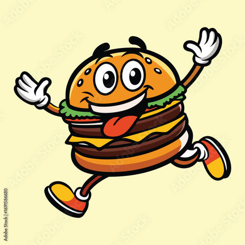 Happy cartoon cheeseburger character running with excitement vector
