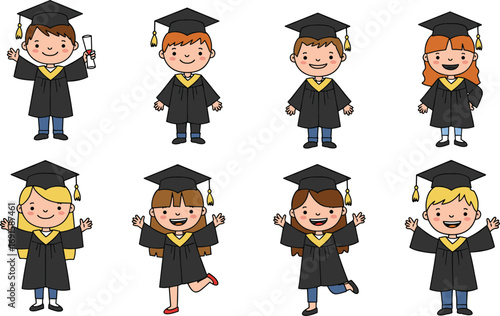 Happy cartoon kids in graduation gowns and caps celebrating success, holding diplomas, diverse children smiling, school graduation vector illustration